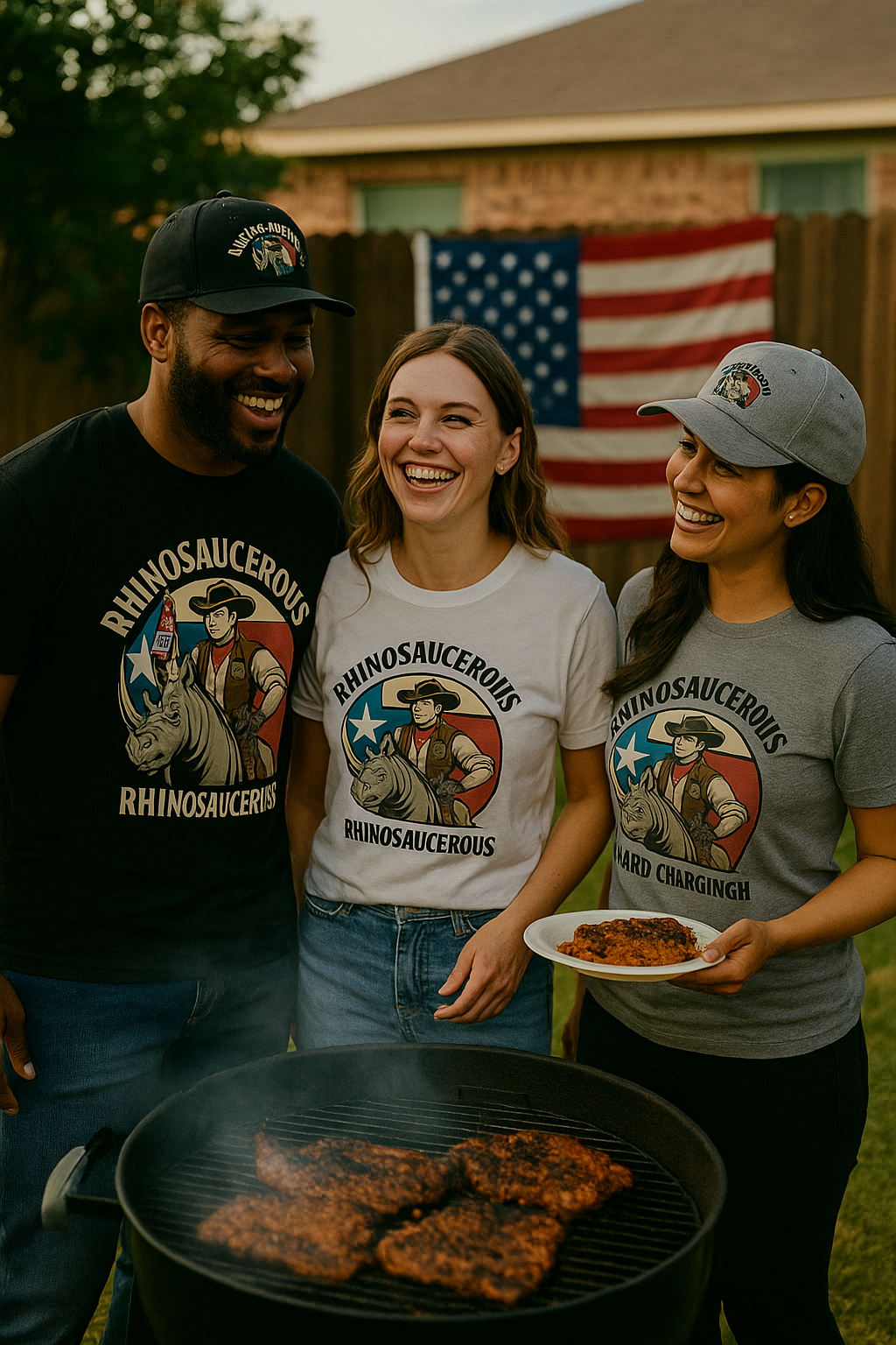 Three friends wearing RhinoSaucerous apparel gathered around a grill, showcasing official branded T-shirts and hats in an outdoor cookout setting