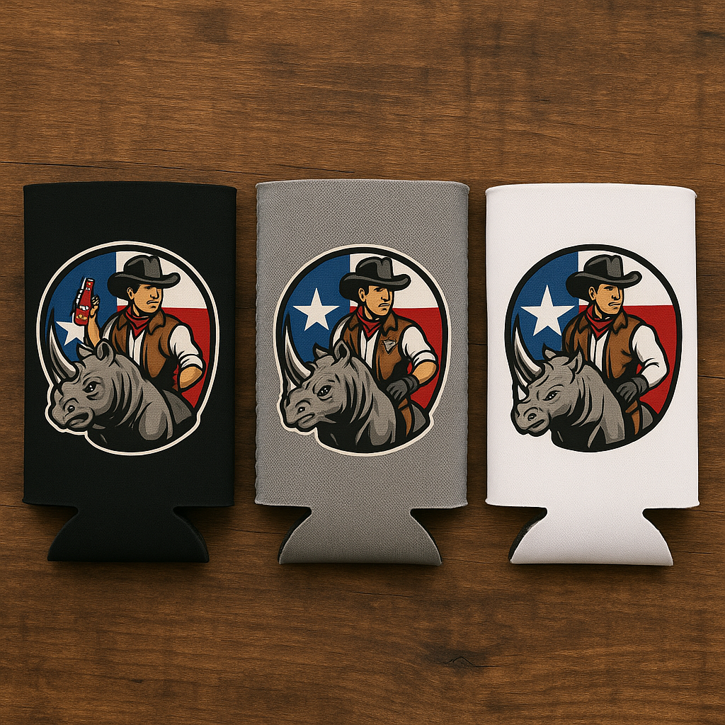 RhinoSaucerous koozie – insulated drink sleeve in black, white, or grey