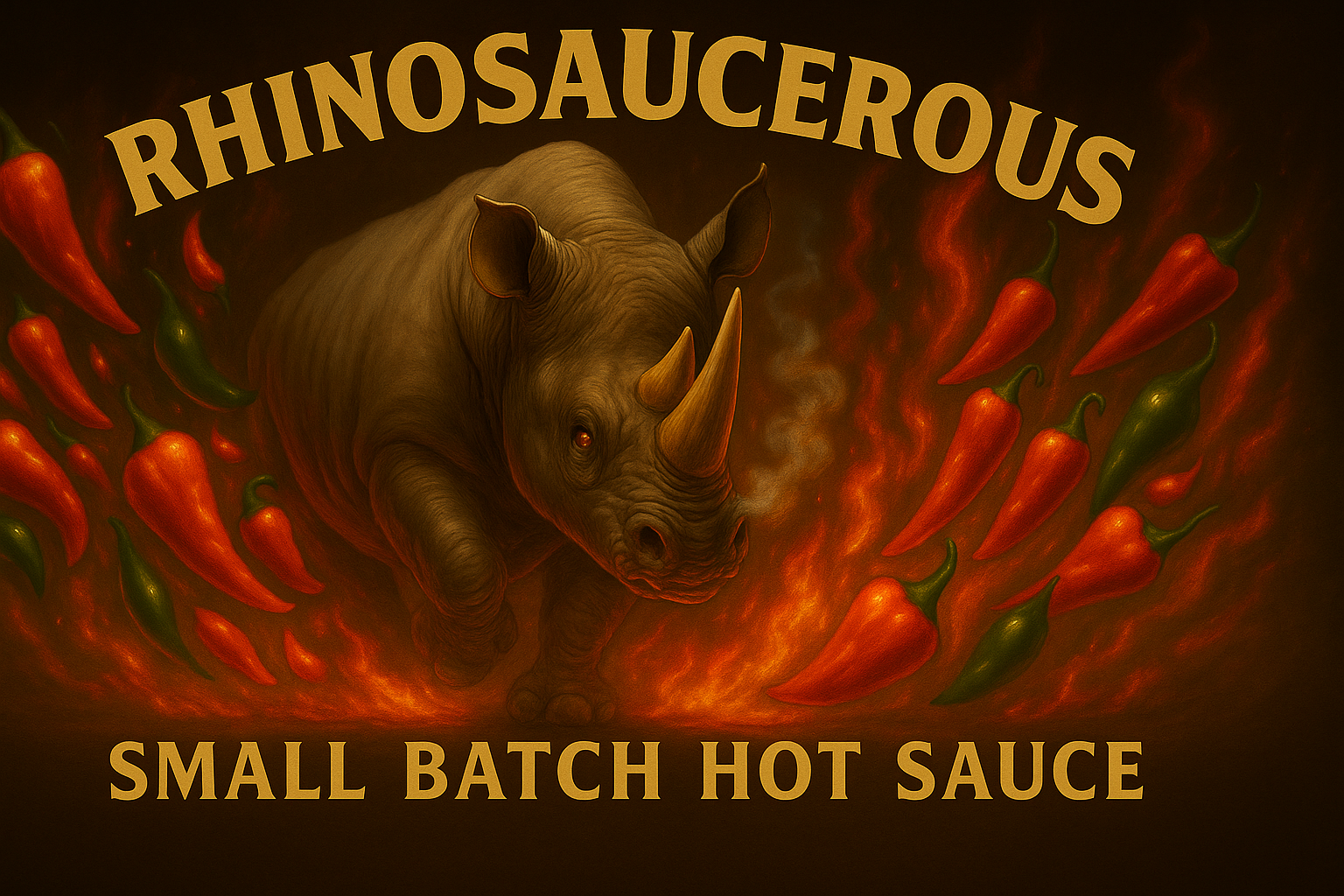 Advertisement for 'Rhinosaucerous' small batch hot sauce with a rhino and chili peppers.