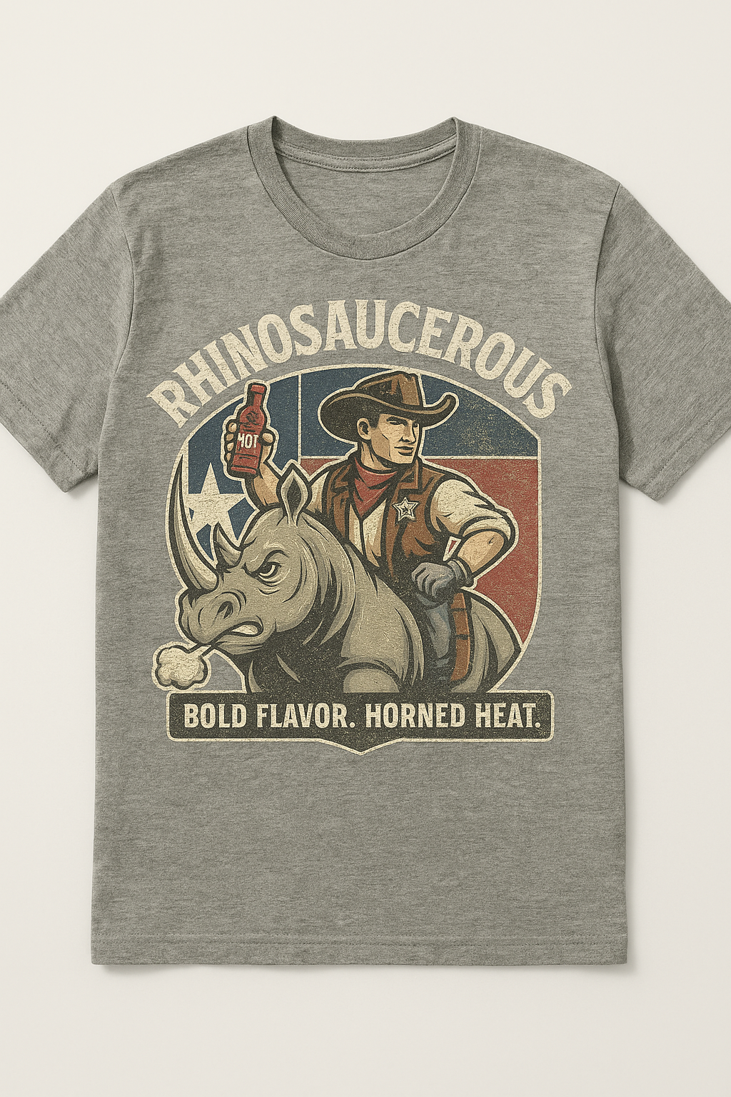 Gray t-shirt with a graphic of a rhinoceros and a cowboy, featuring the text 'Rhinosaurerous Bold Flavor. Horned Heat.'