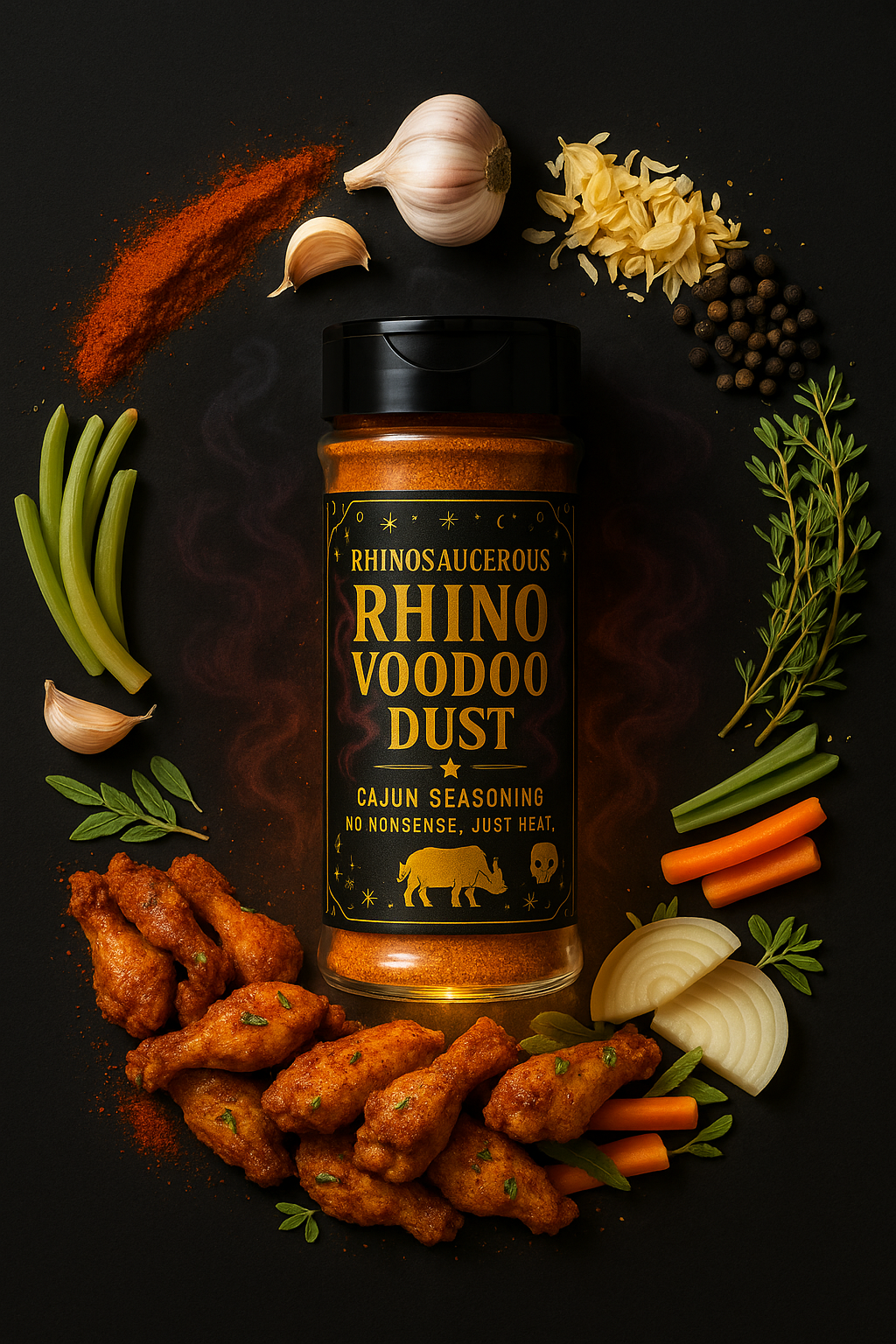 Rhino Voodoo Dust Cajun seasoning bottle surrounded by spices and vegetables on a dark background