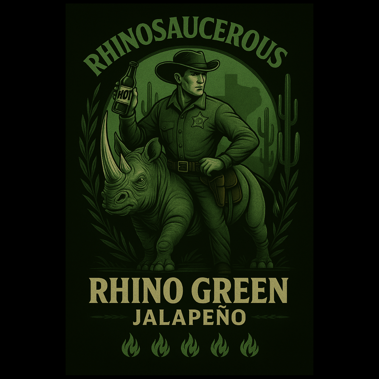Rhino Green hot sauce bottle label – crisp jalapeño pepper sauce with medium heat
