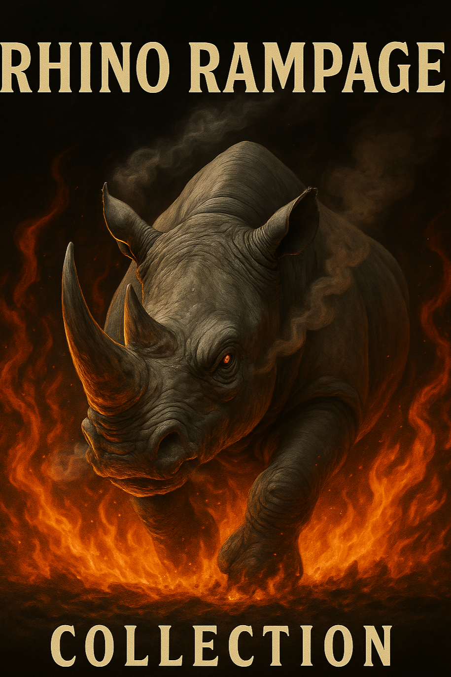 Rhino surrounded by flames with 'Rhino Rampage Collection' text on a dark background