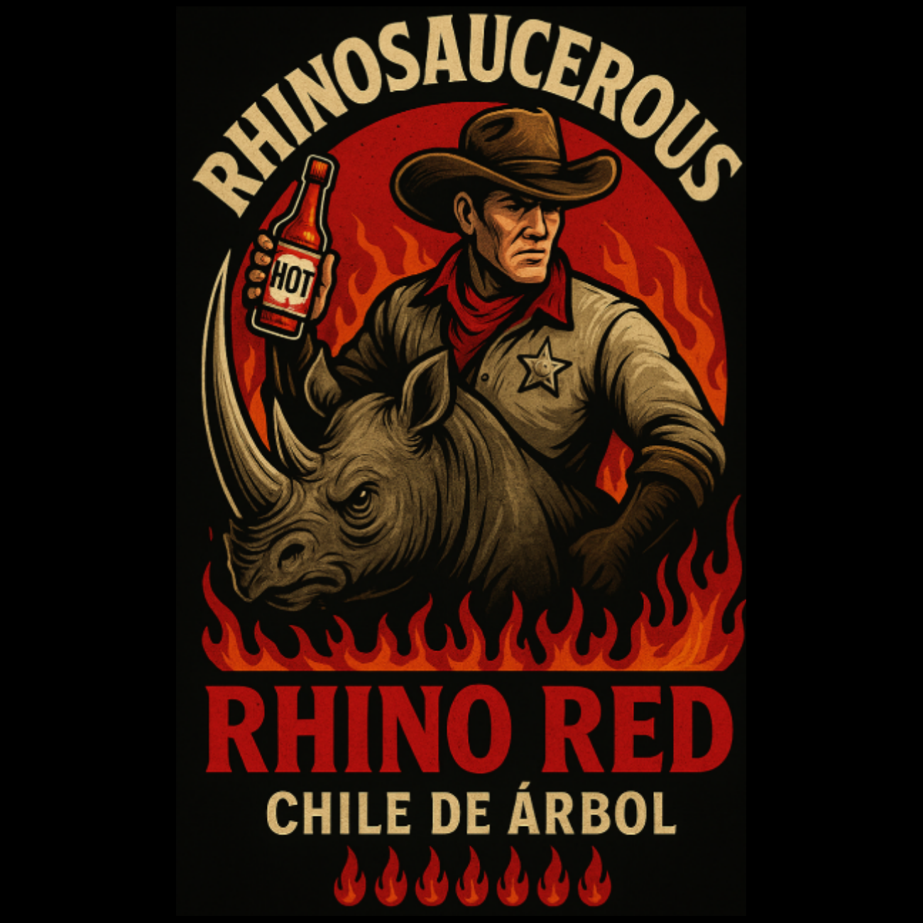 Rhino Red hot sauce bottle label – bold chile de árbol hot sauce with smoky flavor
