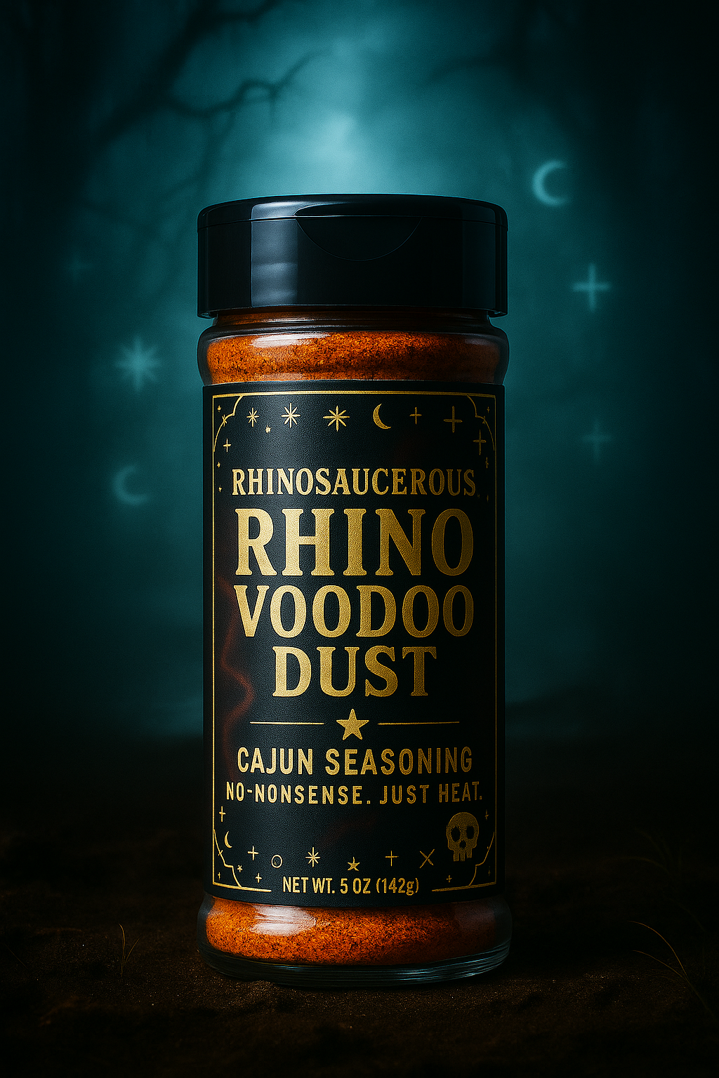 Jar of Rhino Voodoo Dust Cajun seasoning with a moonlit magical background