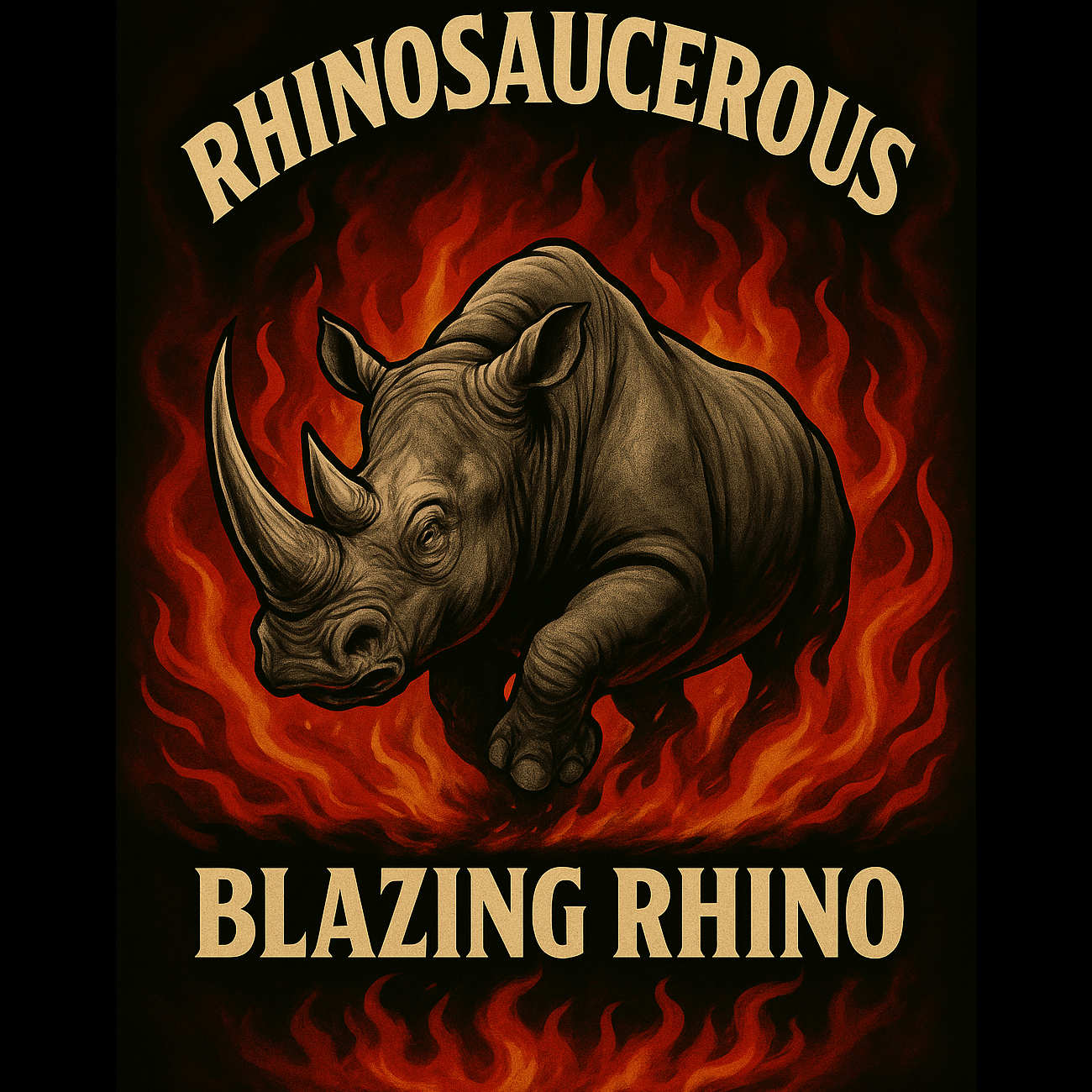 Blazing Rhino subscription tier illustration featuring a bold grey rhino charging through flames with RhinoSaucerous branding