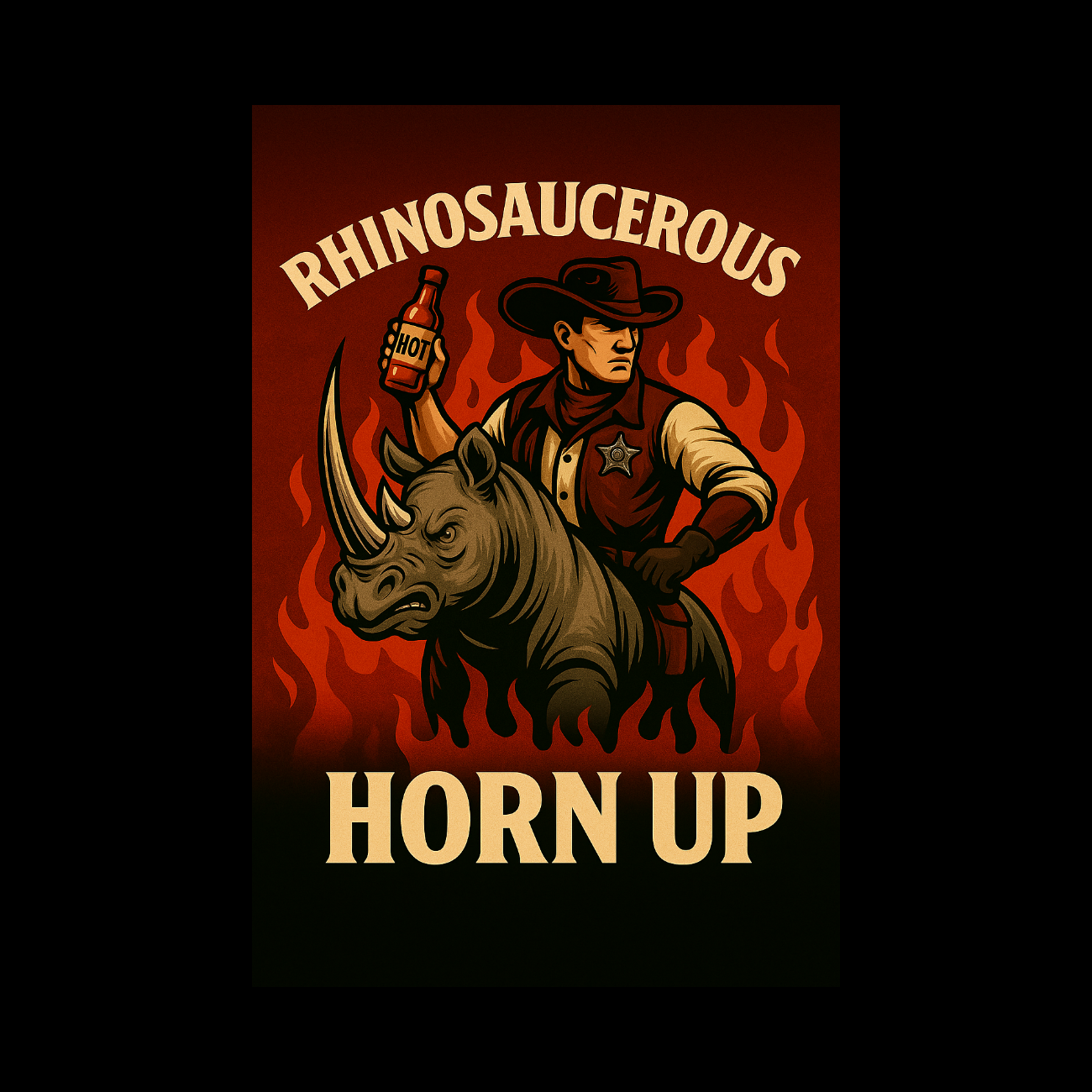 Horn Up Level 2 hot sauce subscription from RhinoSaucerous featuring two bottles, bold design, and fiery background