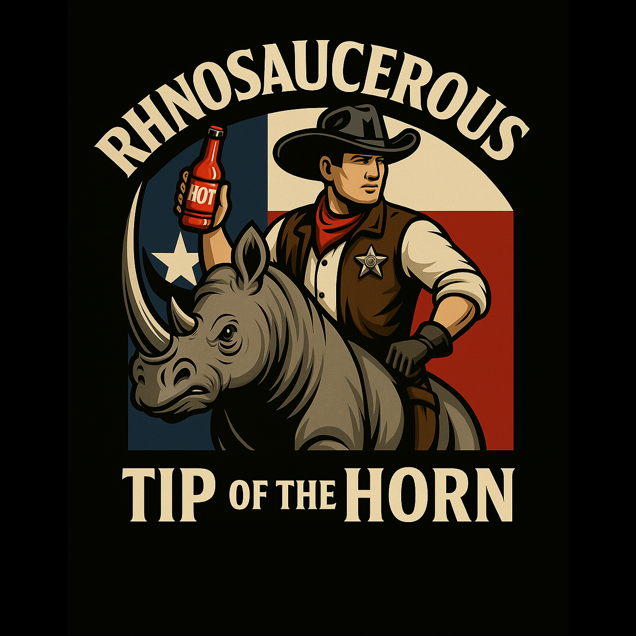 Tip of the Horn hot sauce subscription tier from RhinoSaucerous featuring logo artwork with cowboy and rhino on a bold, fiery background